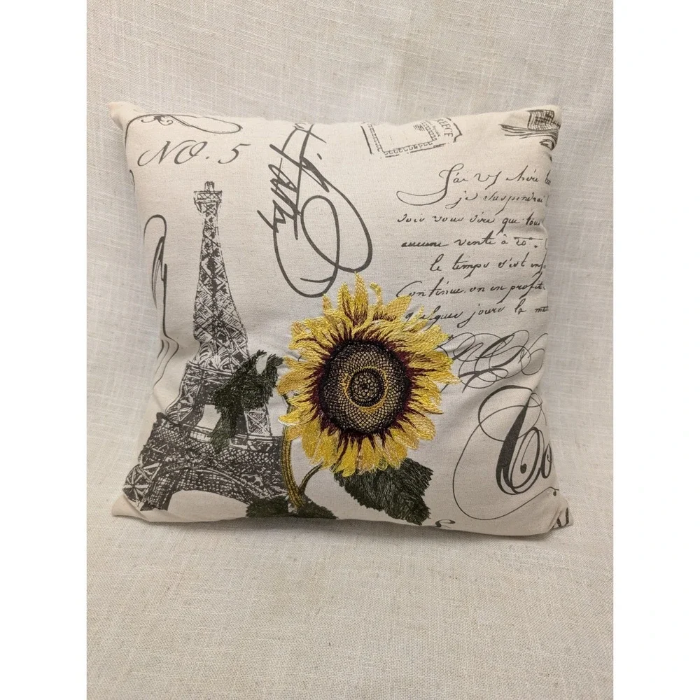 Paris Throw Pillow French Script Sunflower Decorative Square 17